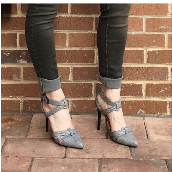 NWOT Paper Fox Grey Orange Snakeskin Pointy Toe Ankle Strap Heels Shoedazzle - Picture 6 of 13